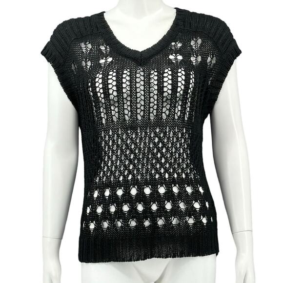 Shae Sweater Womens Small Black Open Knit Top 100% Linen V-Neck Beachy Grunge‎ - Picture 1 of 8